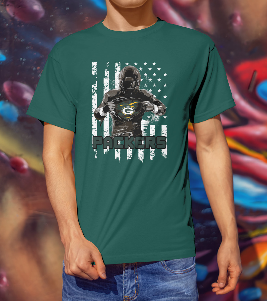 Packers Player With Flag Background And Green Bay T-Shirt