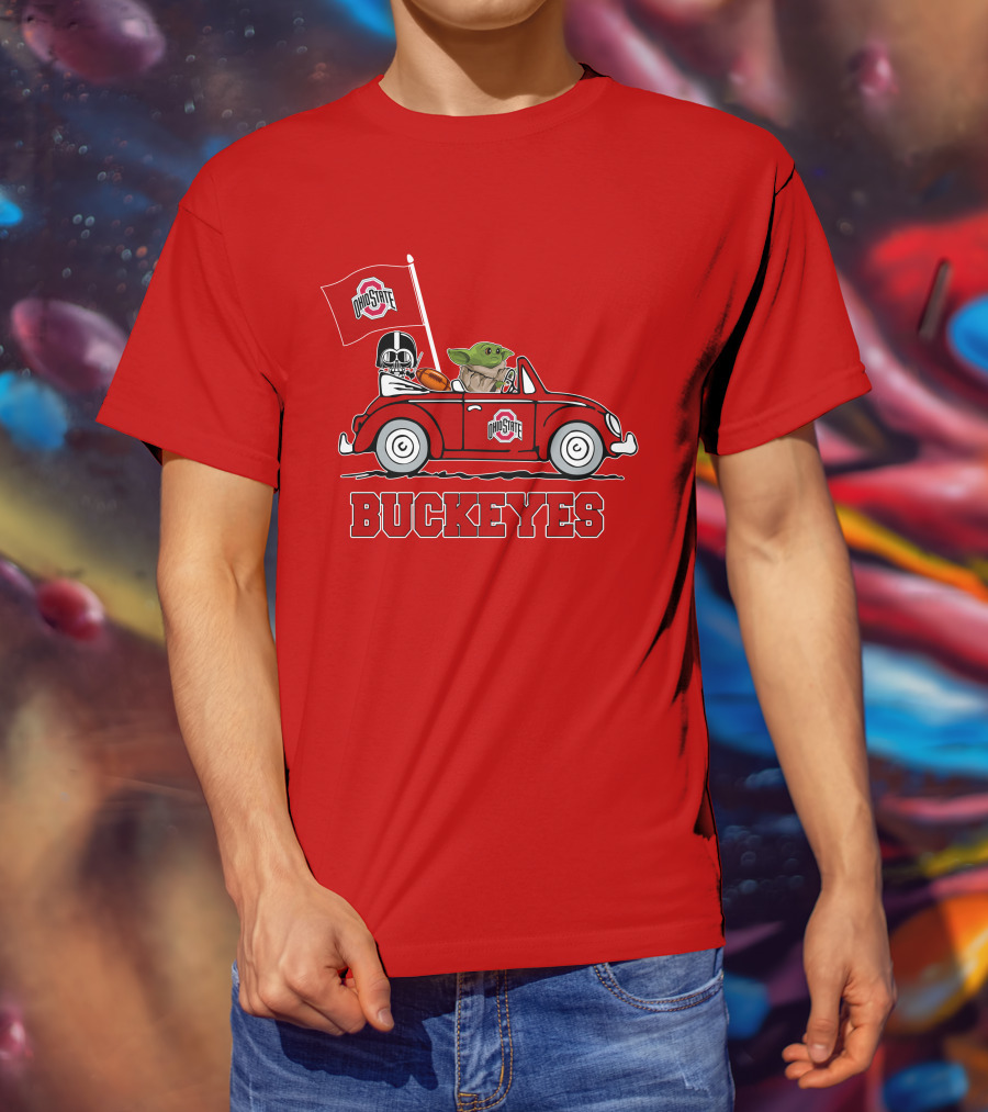 Ohio State Buckeyes Darth Vader Baby Yoda Driving Star Wars Car With Flag T-Shirt