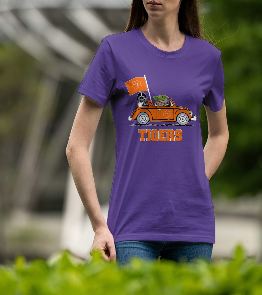 Clemson Tigers Darth Vader Baby Yoda Driving Star Wars Football Car T-Shirt