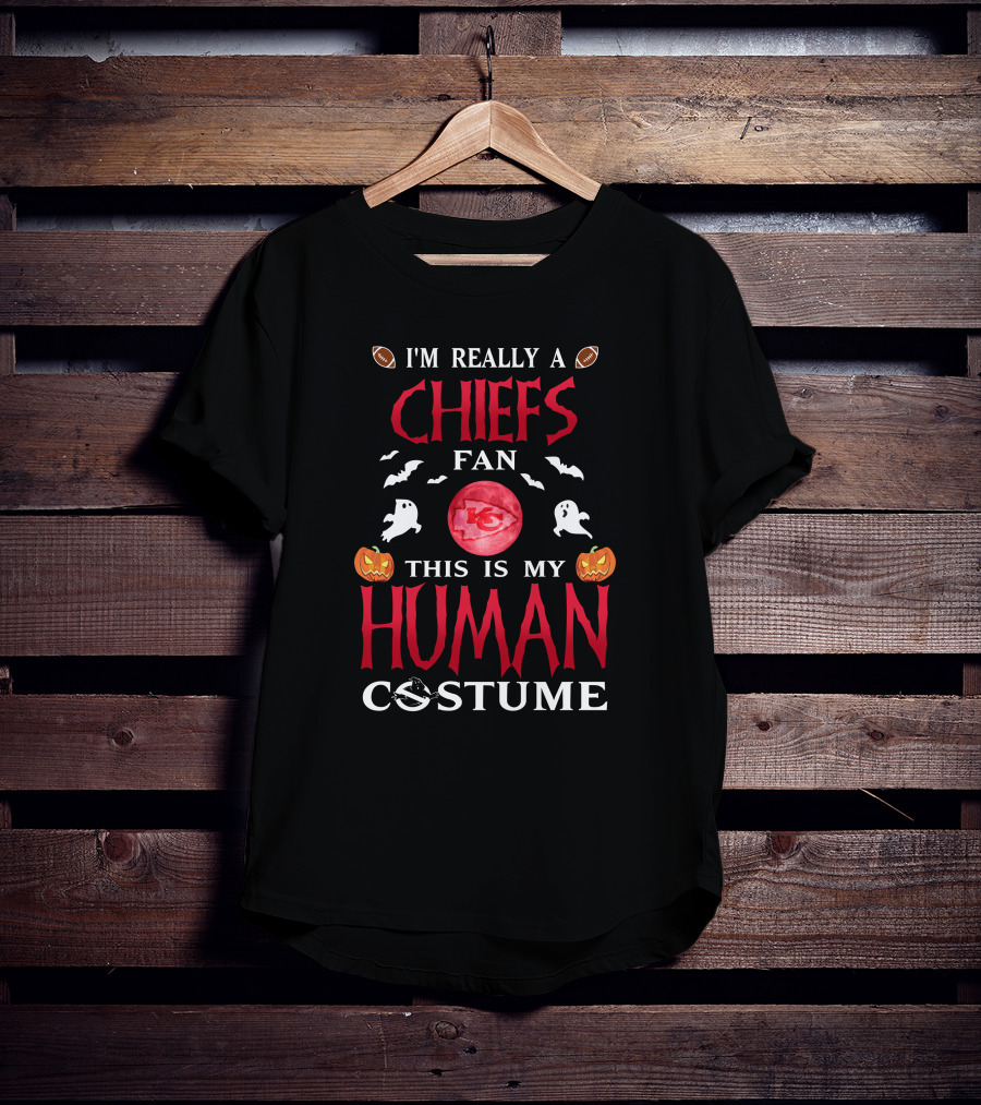 I'm Really A Chiefs Fan This Is My Human Costume Halloween Ghosts Pumpkins Footballs T-Shirt