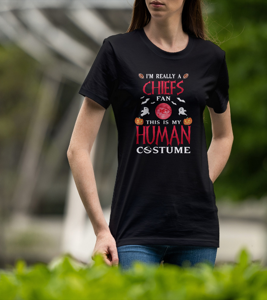 I'm Really A Chiefs Fan This Is My Human Costume Halloween Ghosts Pumpkins Footballs T-Shirt