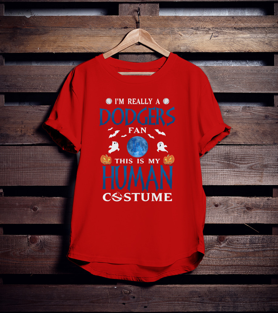 Los Angeles Dodgers Fan Halloween Human Costume Theme With Ghosts And Pumpkins T-Shirt