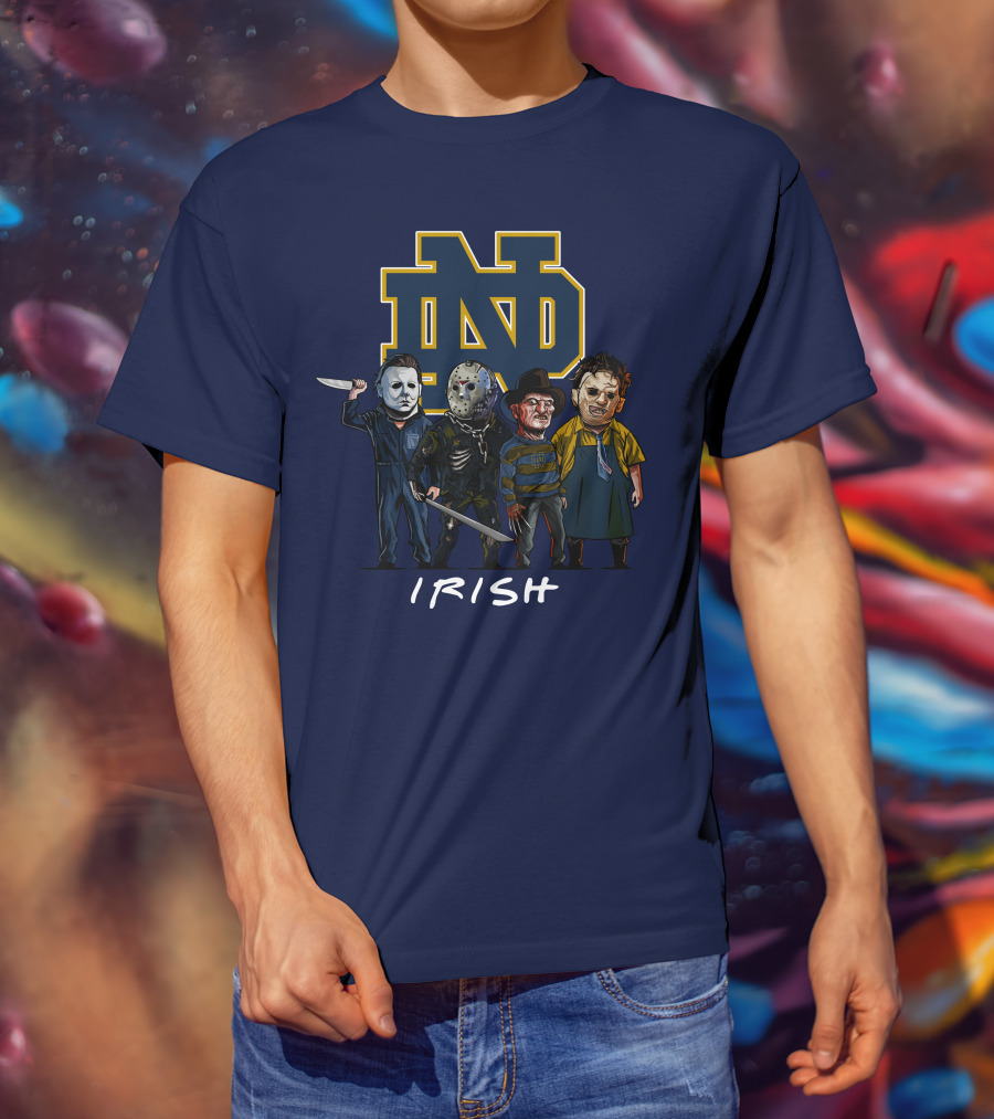 Notre Dame Fighting Irish Halloween With Famous Horror Slasher Characters T-Shirt
