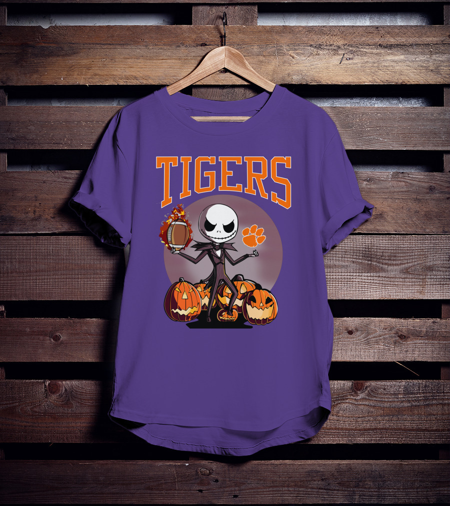 Tigers Jack Skellington Clemson Halloween Football And Pumpkins T-Shirt
