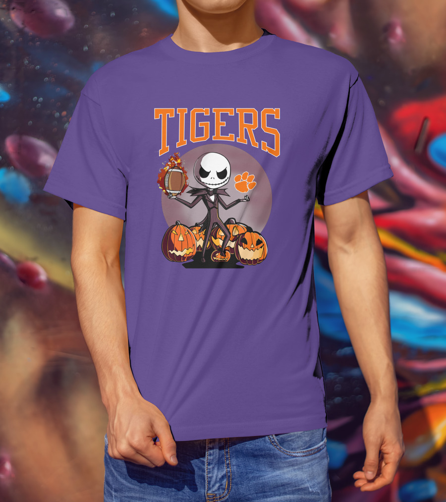 Tigers Jack Skellington Clemson Halloween Football And Pumpkins T-Shirt