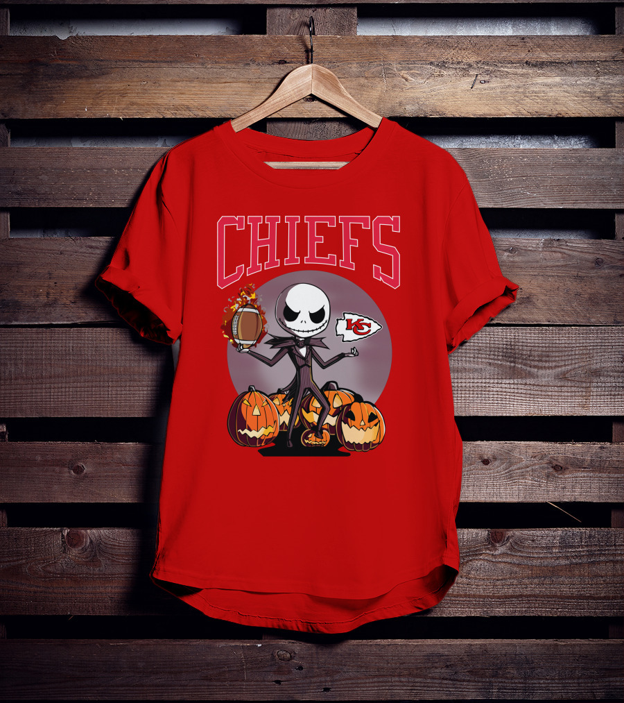 Kansas City Chiefs Jack Skellington Halloween Football Pumpkins T-Shirt