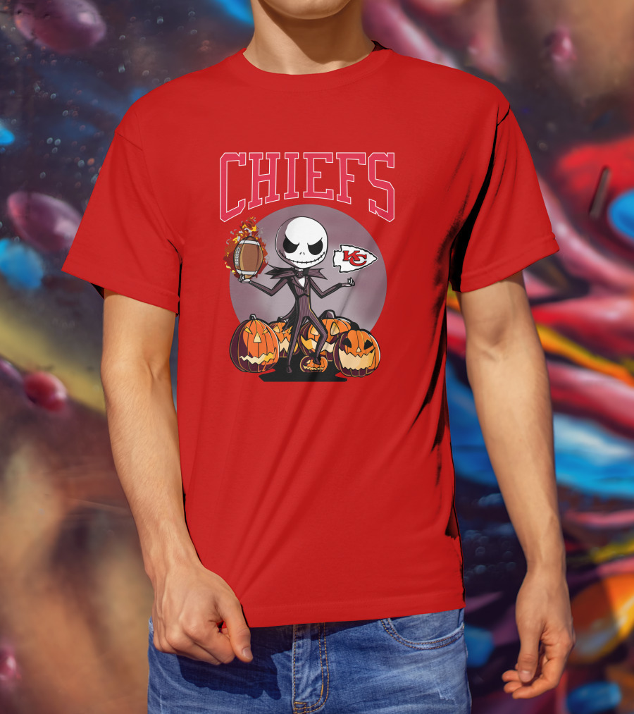 Kansas City Chiefs Jack Skellington Halloween Football Pumpkins T-Shirt
