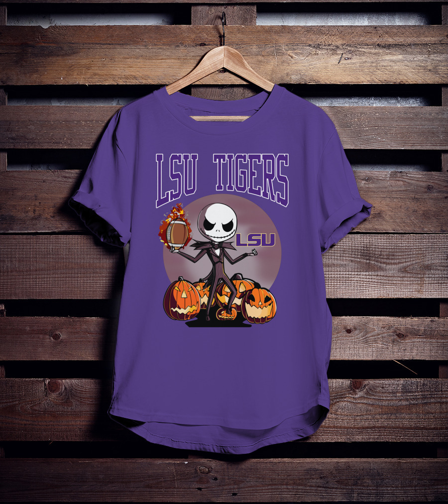 LSU Tigers Jack Skellington Halloween Football Pumpkins T-Shirt