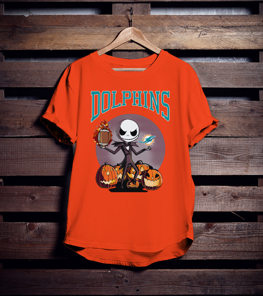 Dolphins Jack Skellington Halloween Miami Football Pumpkins T-Shirt