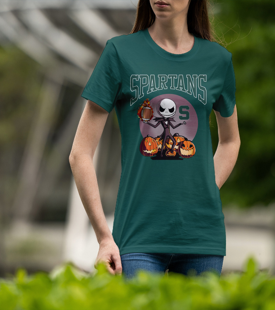 Michigan State Spartans Jack Skellington Football Halloween Pumpkins T-Shirt