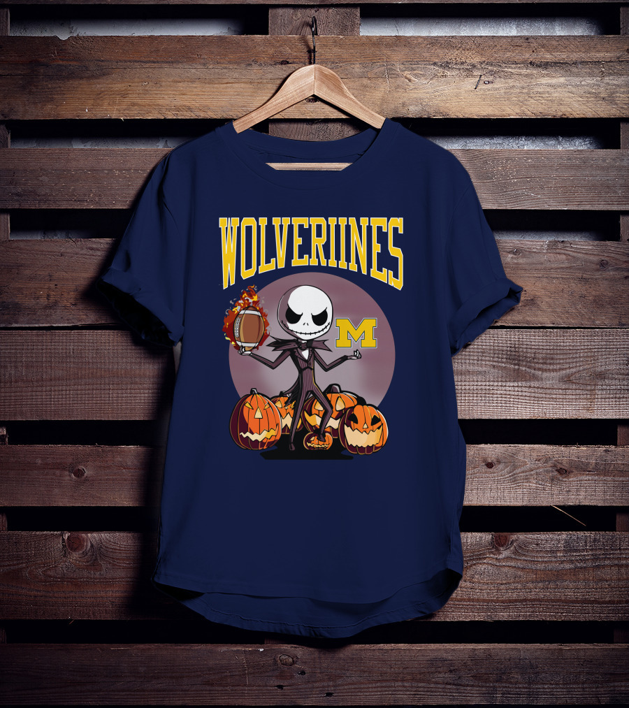 Michigan Wolverines Halloween Jack Skellington Football Pumpkins T-Shirt