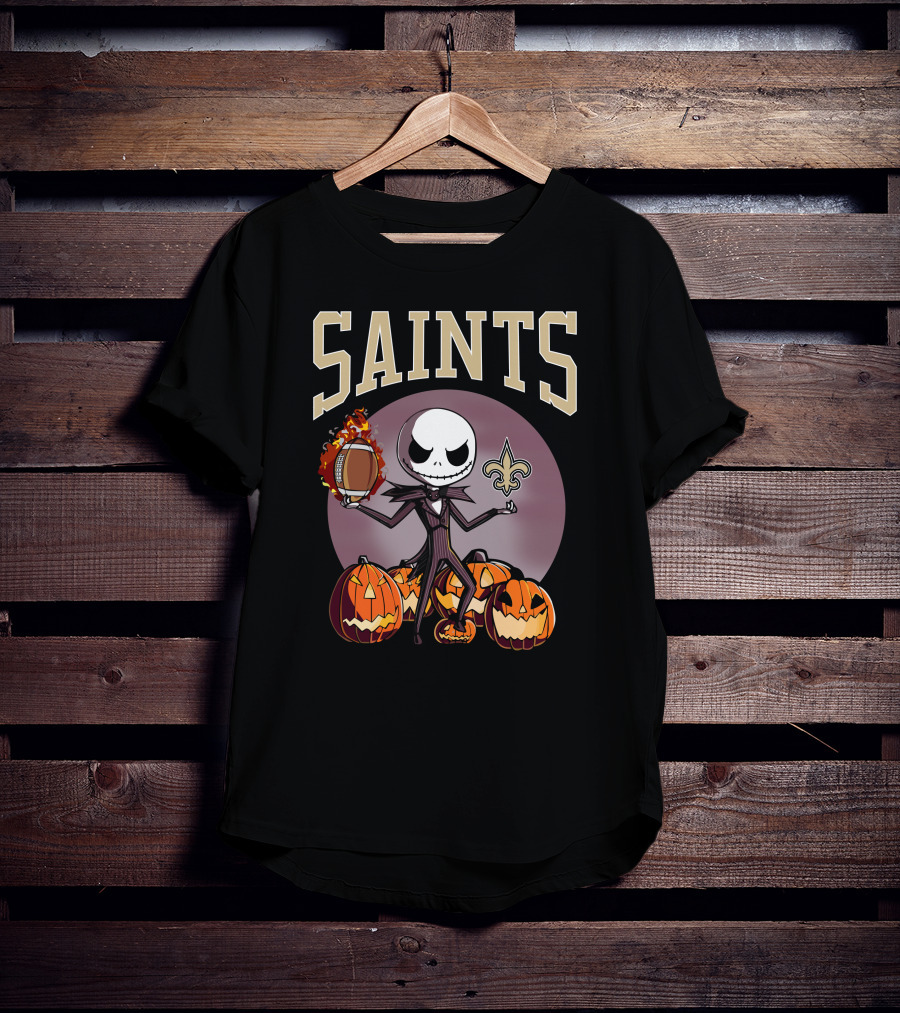 New Orleans Saints Jack Skellington Halloween Pumpkins Football Fleur-de-Lis T-Shirt
