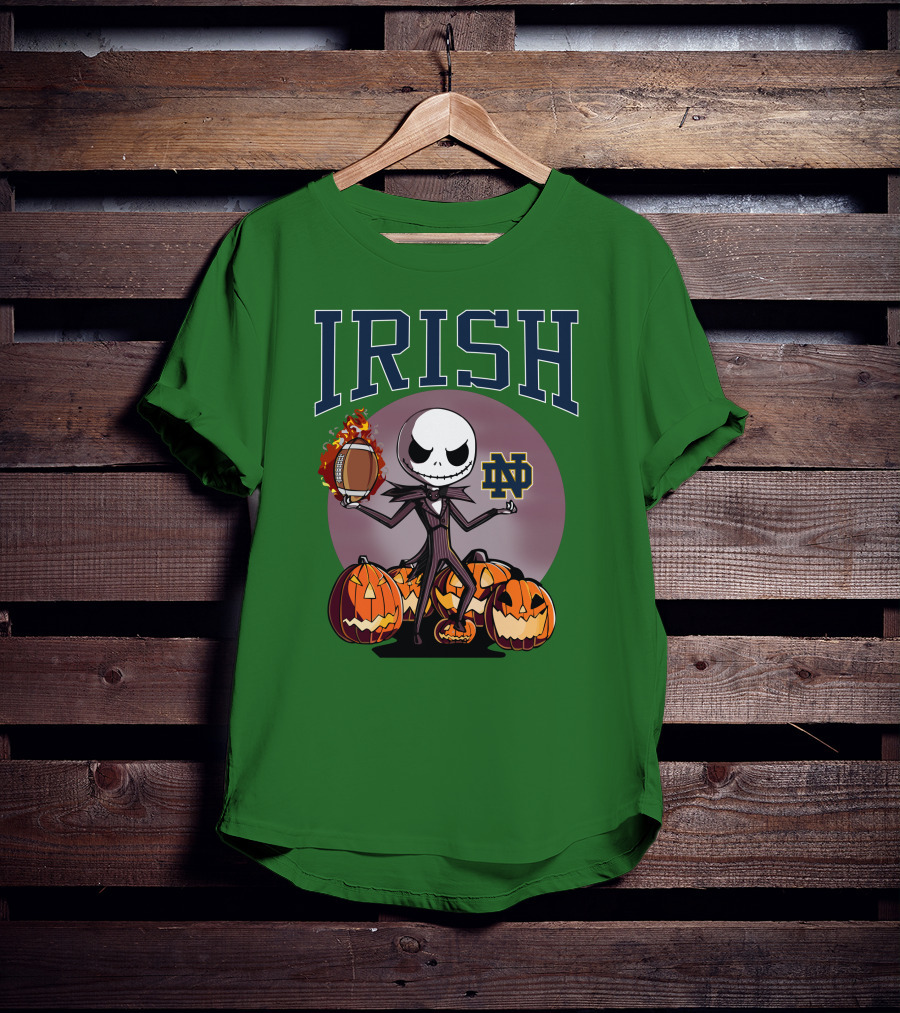 Irish Notre Dame Jack Skellington Halloween Football Pumpkins T-Shirt