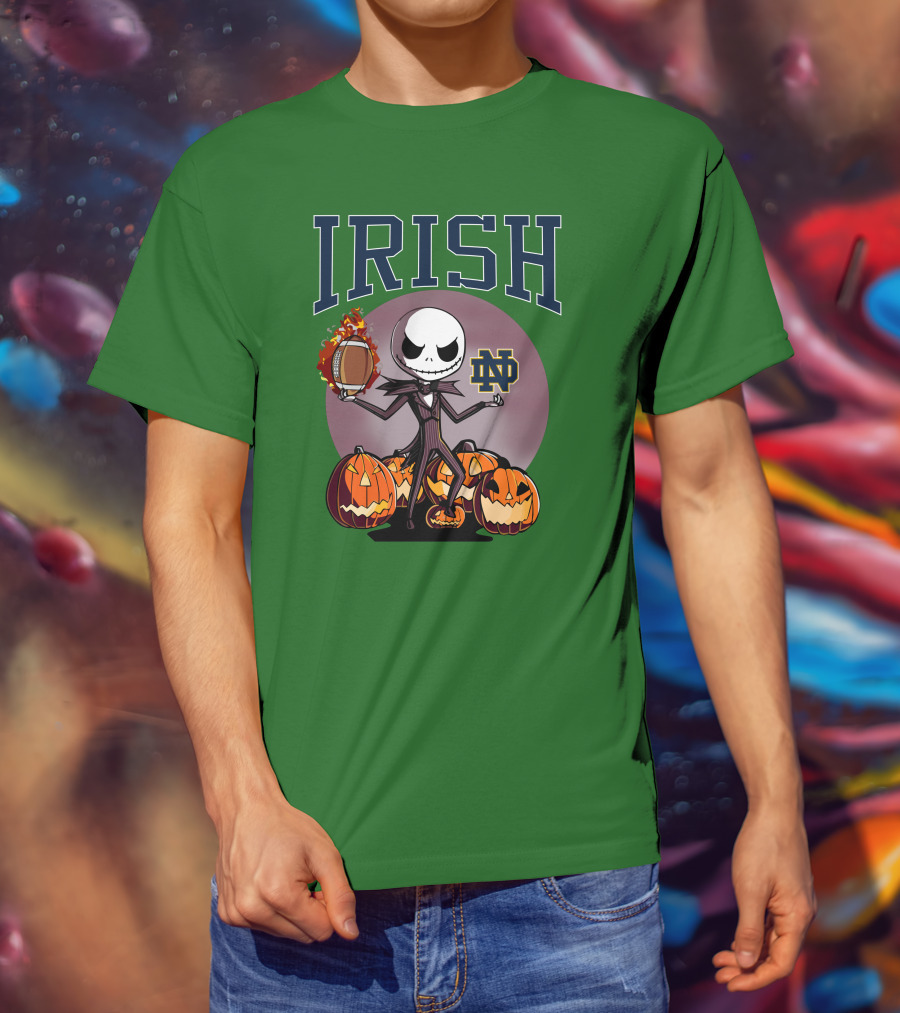 Irish Notre Dame Jack Skellington Halloween Football Pumpkins T-Shirt