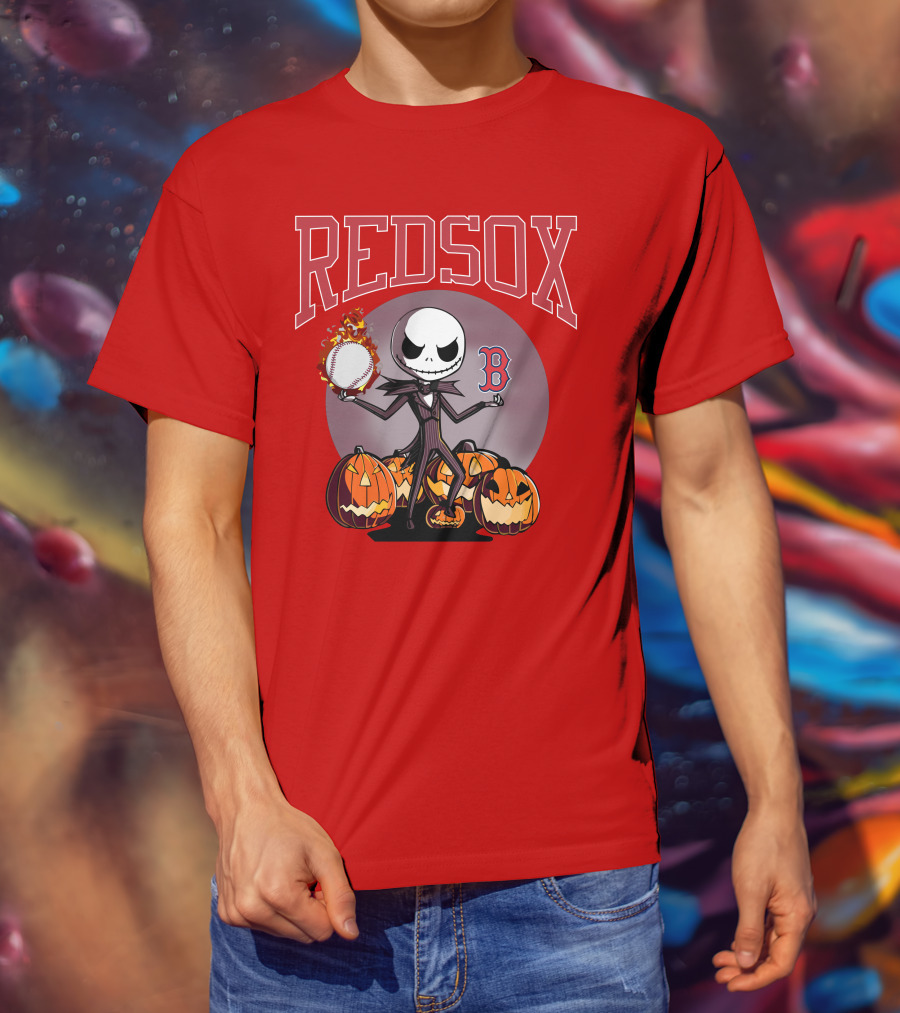 Red Sox Jack Skellington Halloween Pumpkins Baseball T-Shirt