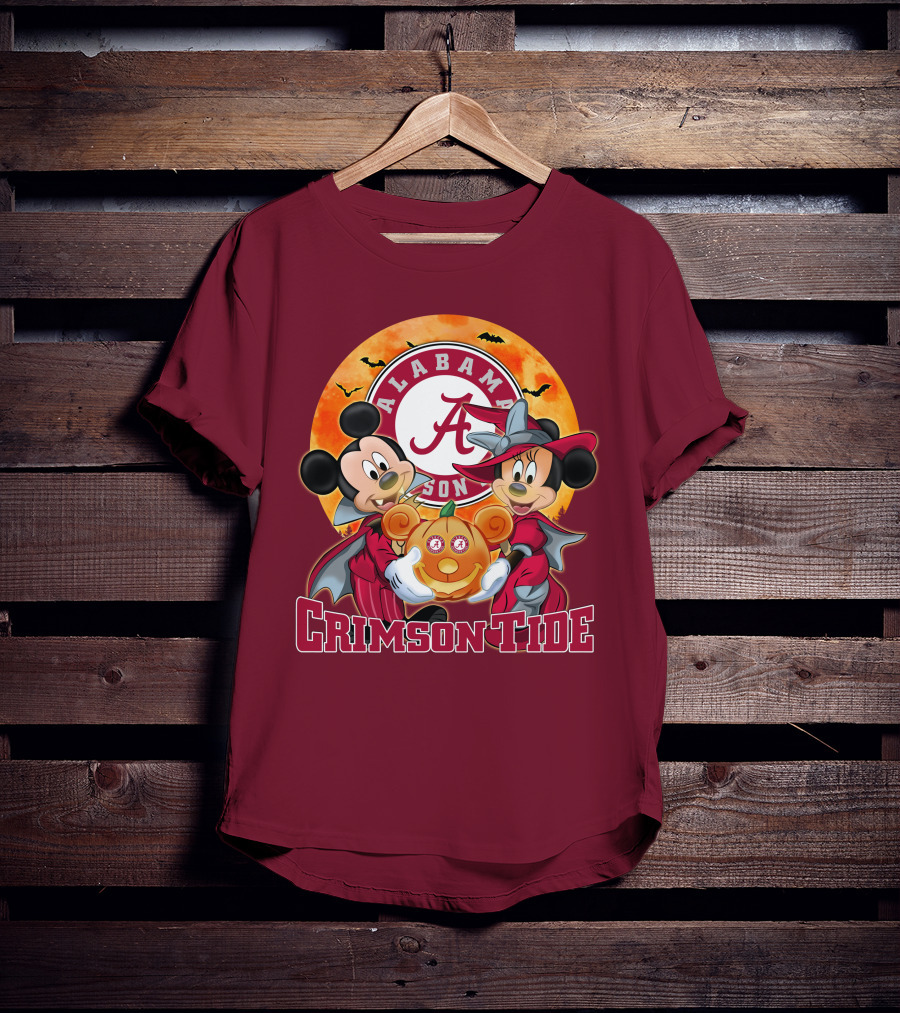 Alabama Crimson Tide Mickey Mouse Minnie Mouse Halloween Pumpkin Circle T-Shirt