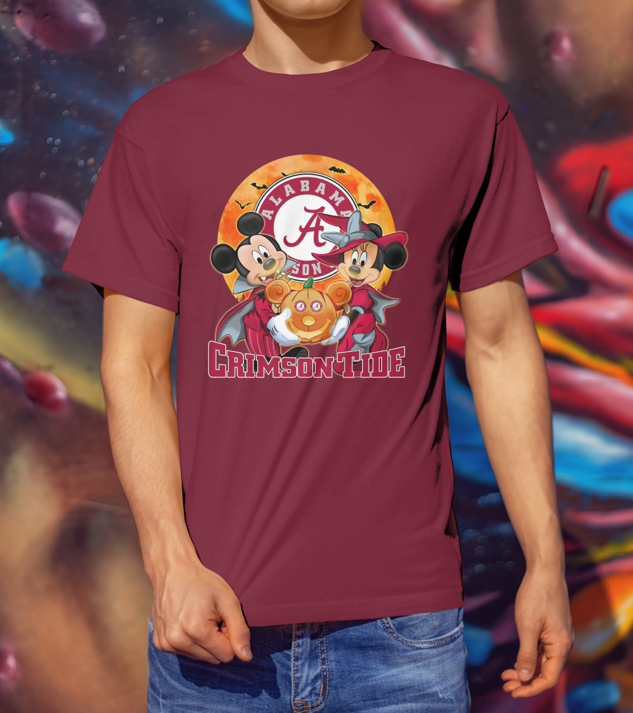 Alabama Crimson Tide Mickey Mouse Minnie Mouse Halloween Pumpkin Circle T-Shirt