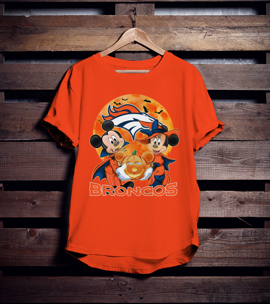 Denver Broncos Mickey Mouse And Minnie Mouse Halloween Broncos T-Shirt