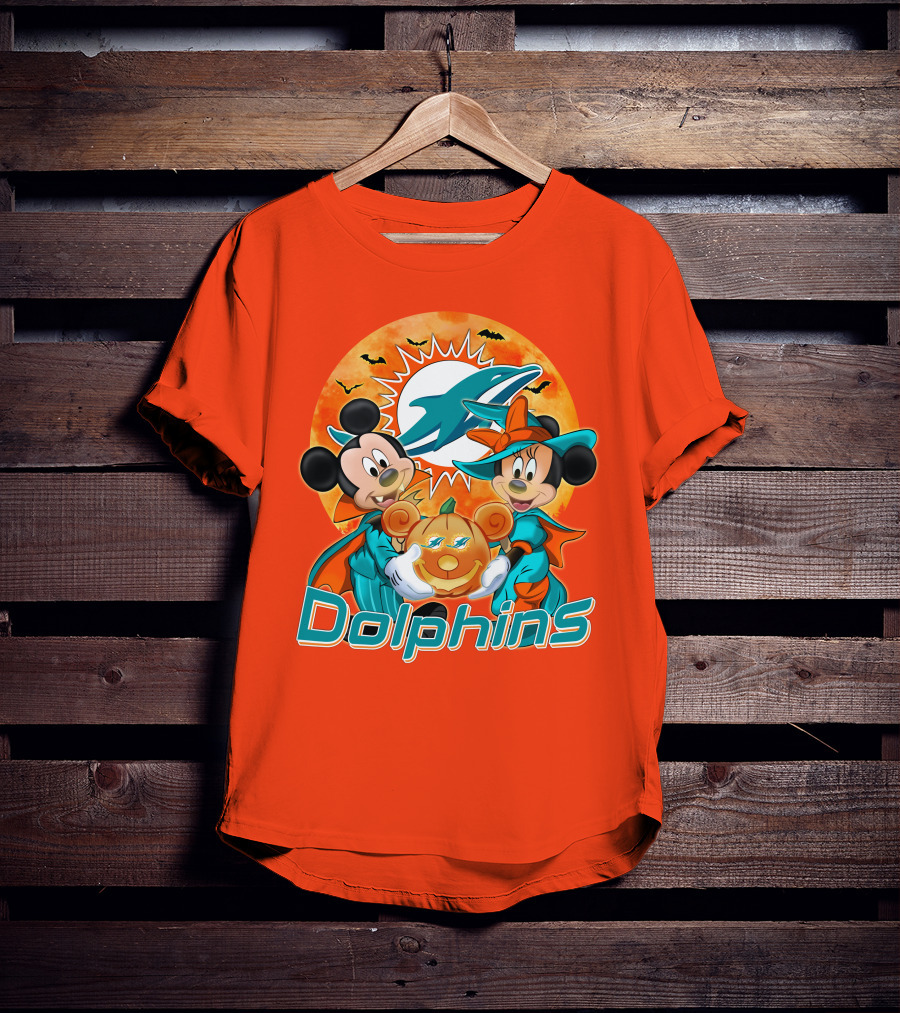 Miami Dolphins Mickey Minnie Halloween Pumpkin Bats T-Shirt