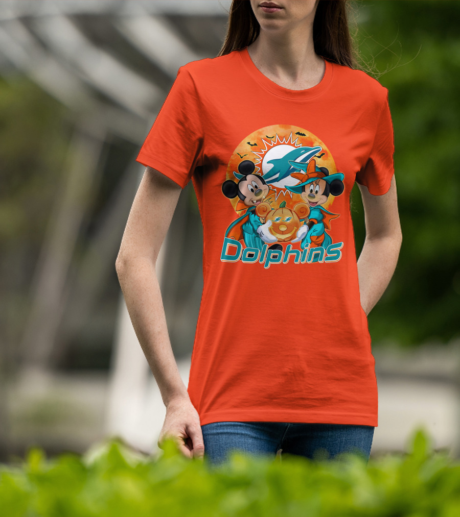 Miami Dolphins Mickey Minnie Halloween Pumpkin Bats T-Shirt