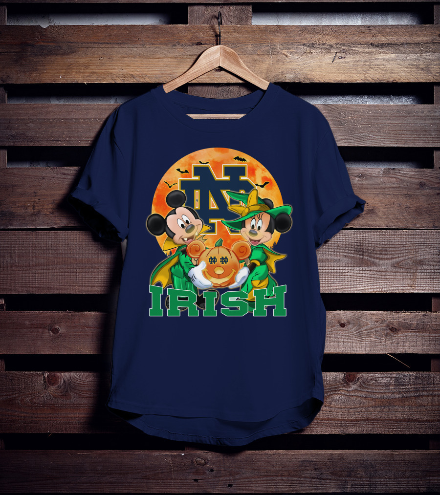 Notre Dame Fighting Irish Mickey Mouse Minnie Mouse Halloween Irish Pumpkin T-Shirt