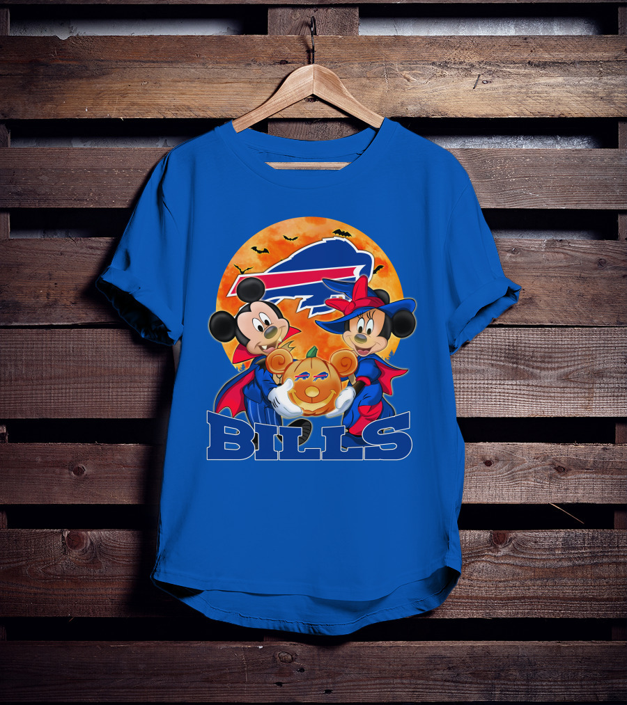 Buffalo Bills Halloween Mickey Mouse And Minnie Mouse Pumpkin T-Shirt