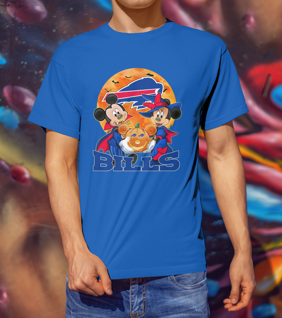 Buffalo Bills Halloween Mickey Mouse And Minnie Mouse Pumpkin T-Shirt