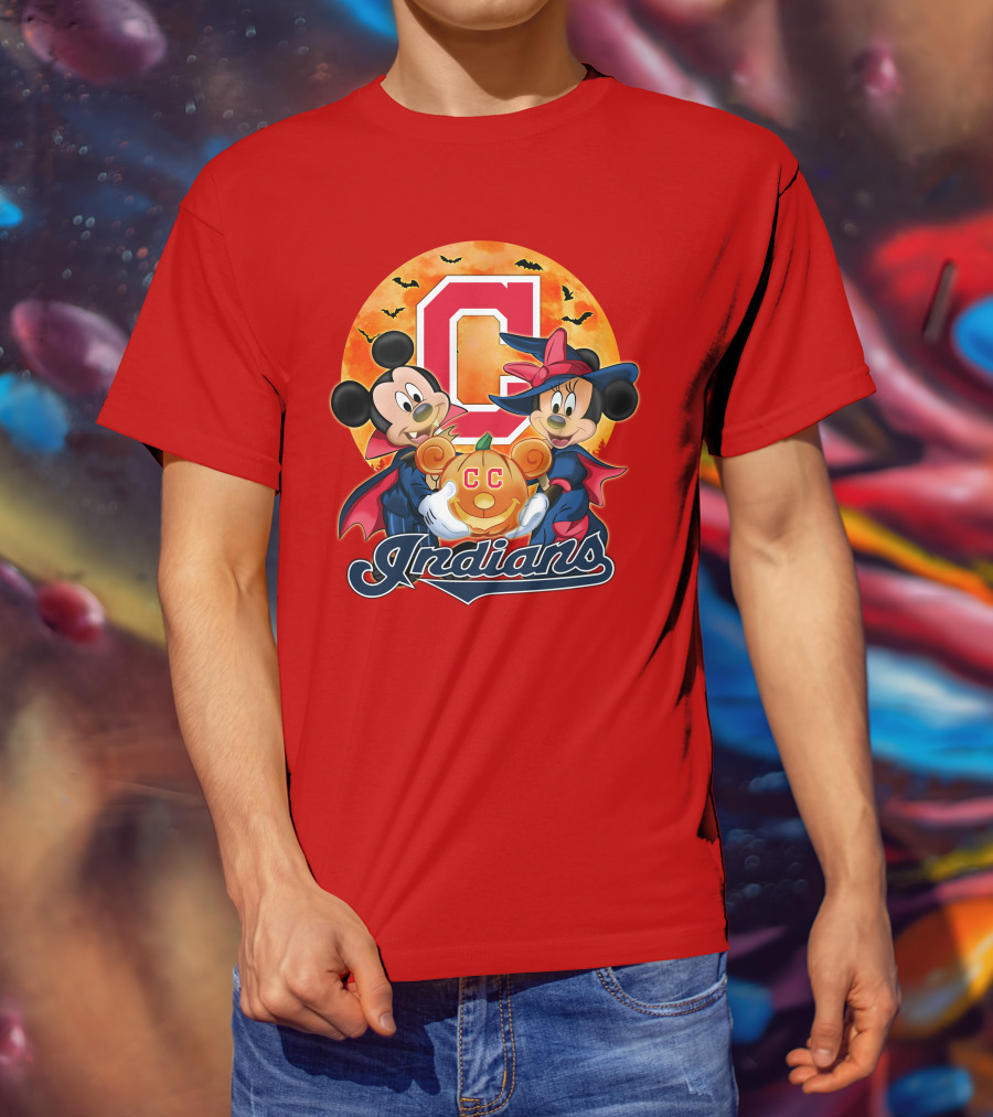 Cleveland Indians Mickey Mouse Minnie Mouse Halloween C Logo Pumpkin T-Shirt