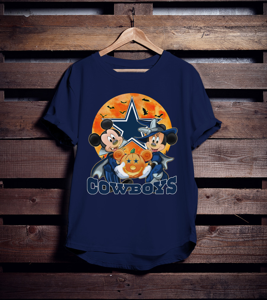 Cowboys Halloween Mickey Mouse And Minnie Mouse With Pumpkin Dallas T-Shirt