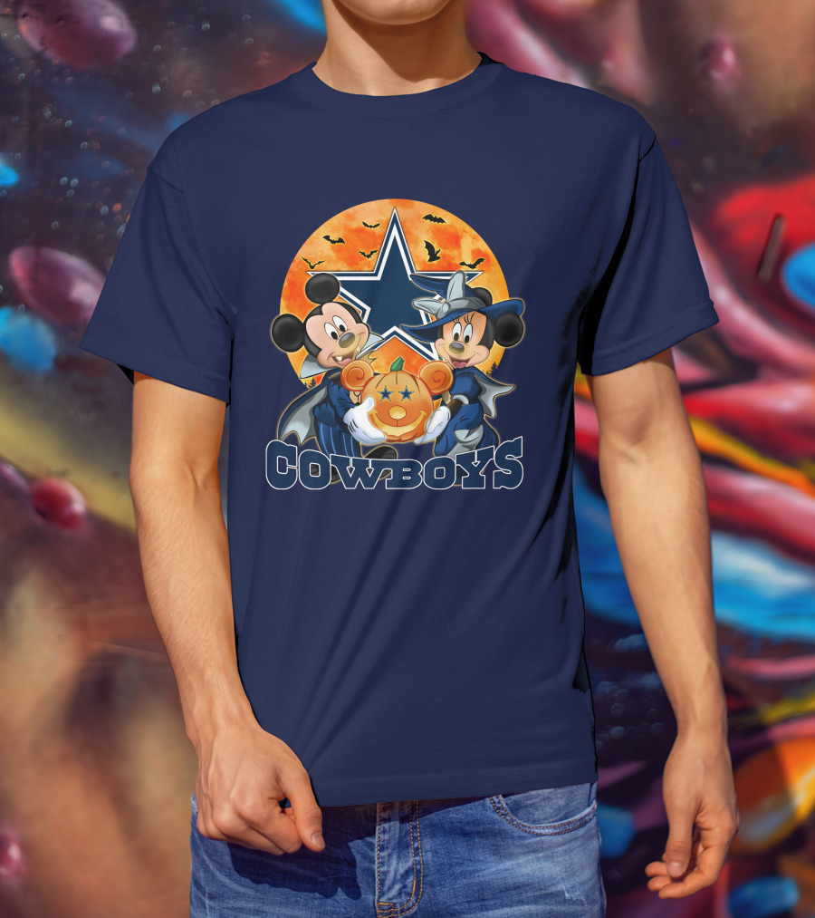Cowboys Halloween Mickey Mouse And Minnie Mouse With Pumpkin Dallas T-Shirt