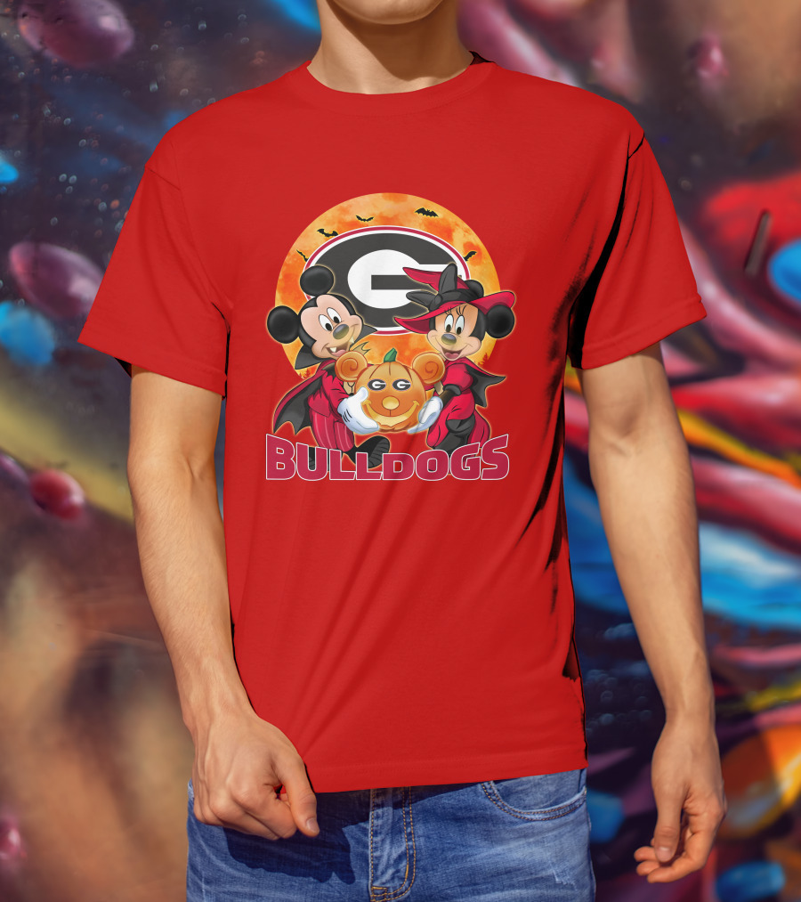 Georgia Bulldogs Mickey And Minnie Mouse Halloween Pumpkin T-Shirt