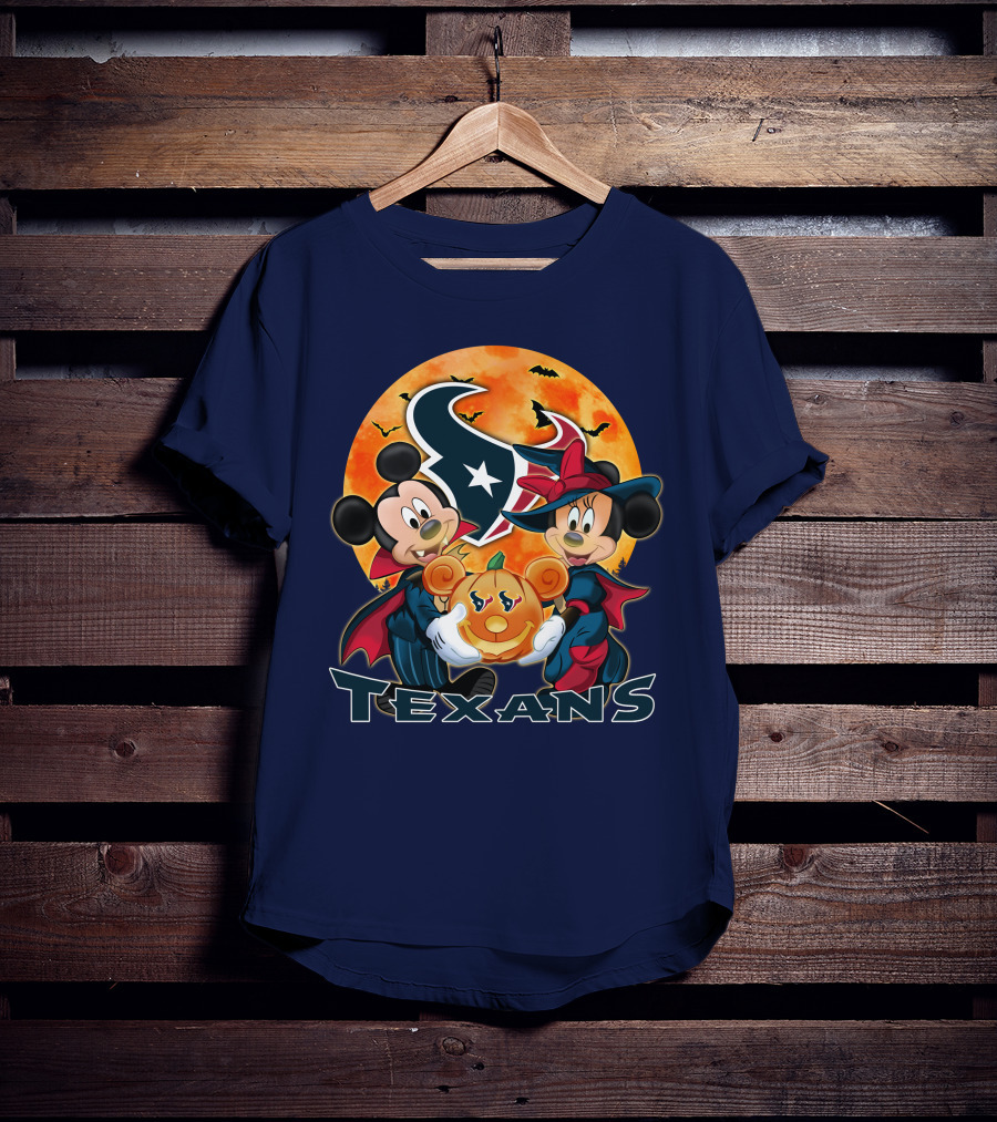 Houston Texans Mickey Mouse And Minnie Mouse Halloween Pumpkin Moon Bats T-Shirt