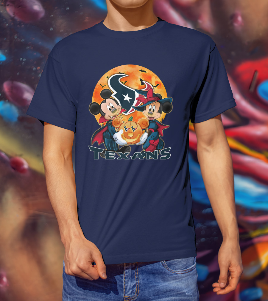 Houston Texans Mickey Mouse And Minnie Mouse Halloween Pumpkin Moon Bats T-Shirt