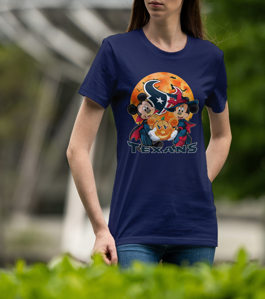 Houston Texans Mickey Mouse And Minnie Mouse Halloween Pumpkin Moon Bats T-Shirt