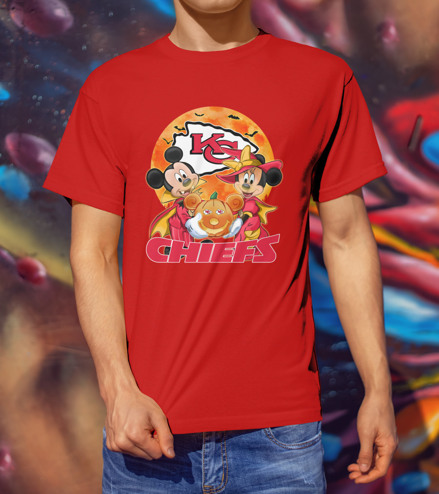 Kansas City Chiefs Mickey Mouse Minnie Mouse Halloween Chiefs Logo Pumpkin T-Shirt