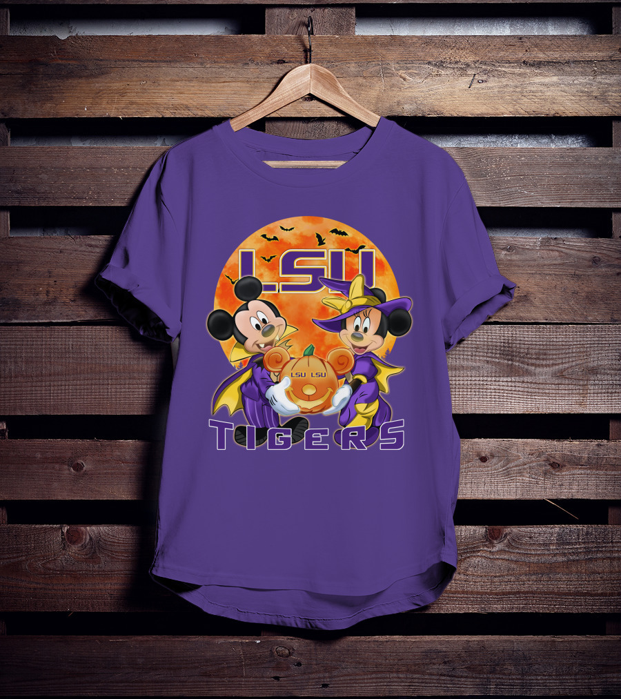 LSU Tigers Mickey Mouse And Minnie Mouse Halloween Pumpkin T-Shirt