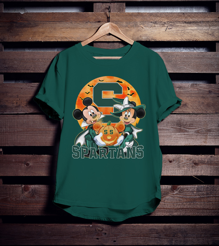 Michigan State Spartans Mickey Mouse Minnie Mouse Halloween Pumpkin Moon Bats T-Shirt
