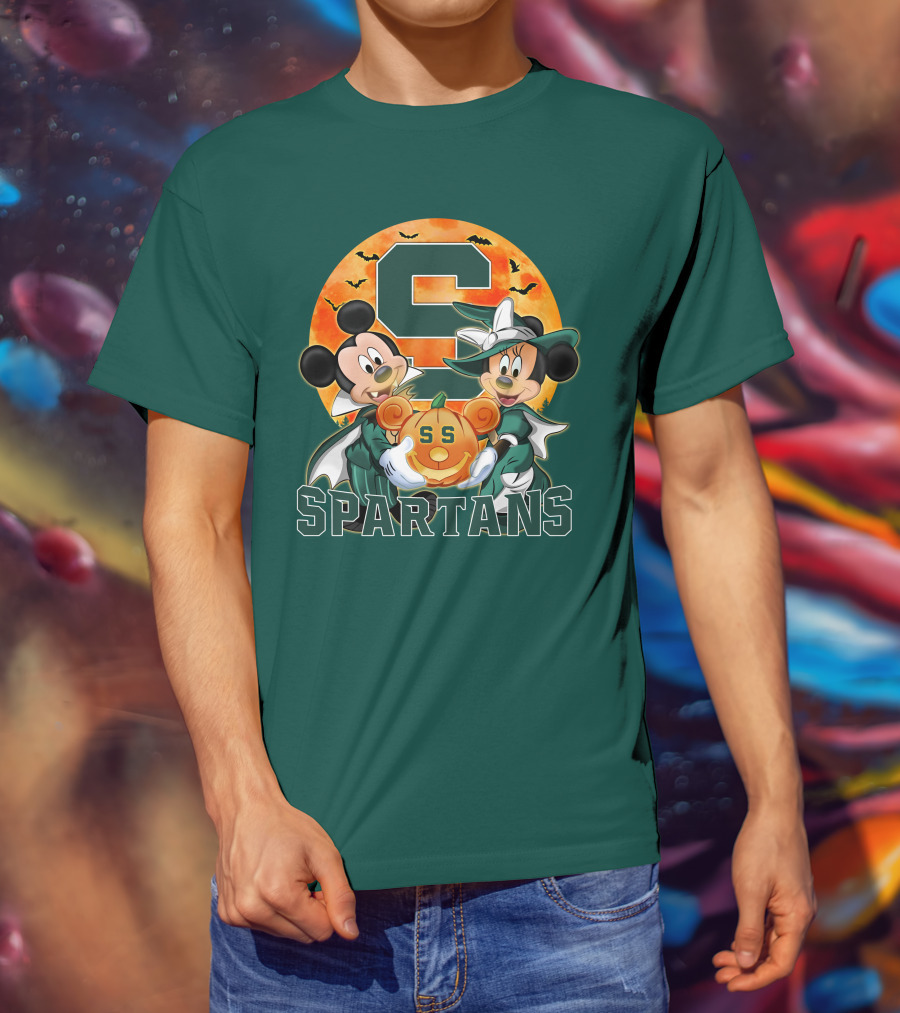 Michigan State Spartans Mickey Mouse Minnie Mouse Halloween Pumpkin Moon Bats T-Shirt