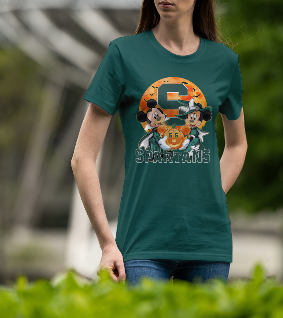 Michigan State Spartans Mickey Mouse Minnie Mouse Halloween Pumpkin Moon Bats T-Shirt