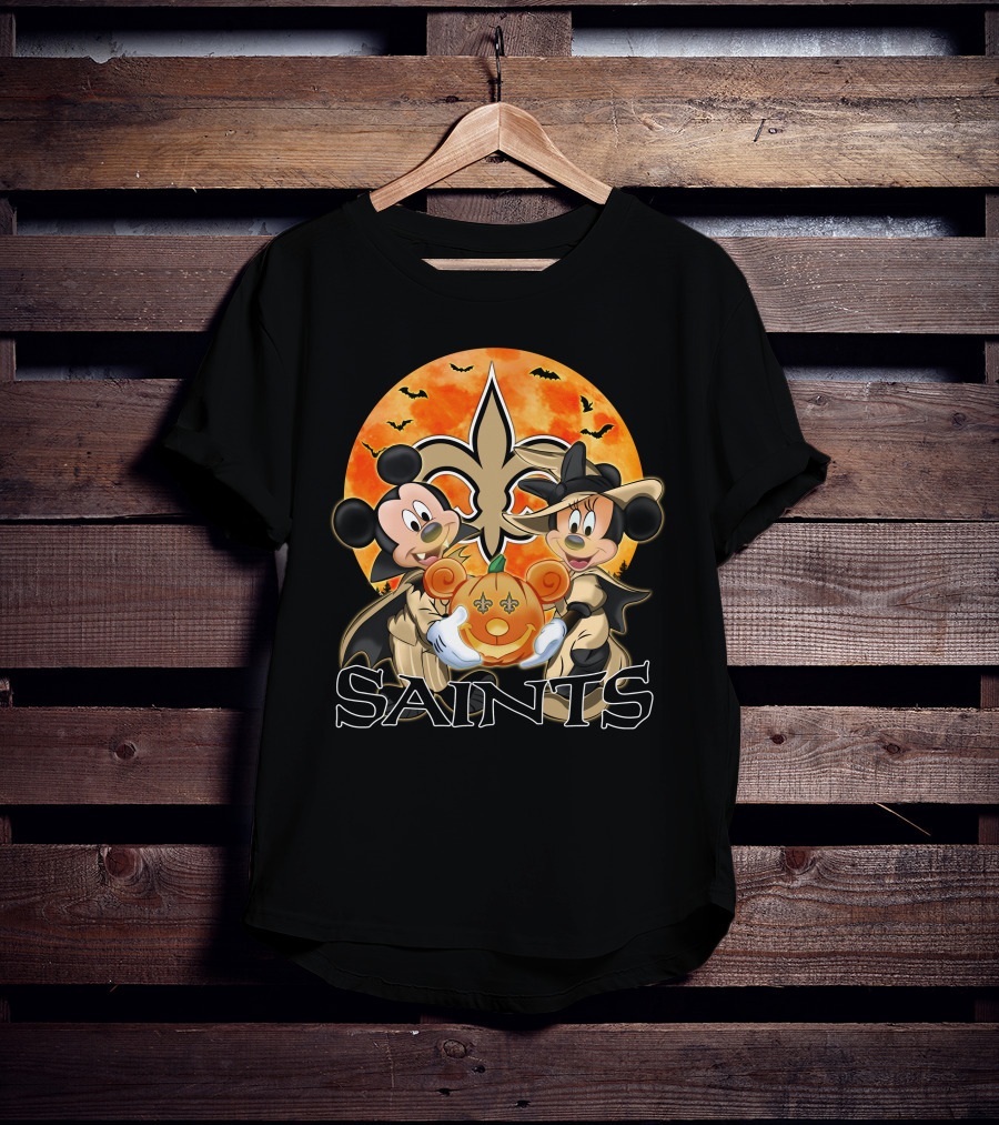 New Orleans Saints Mickey And Minnie Halloween Pumpkin Fleur-de-Lis T-Shirt