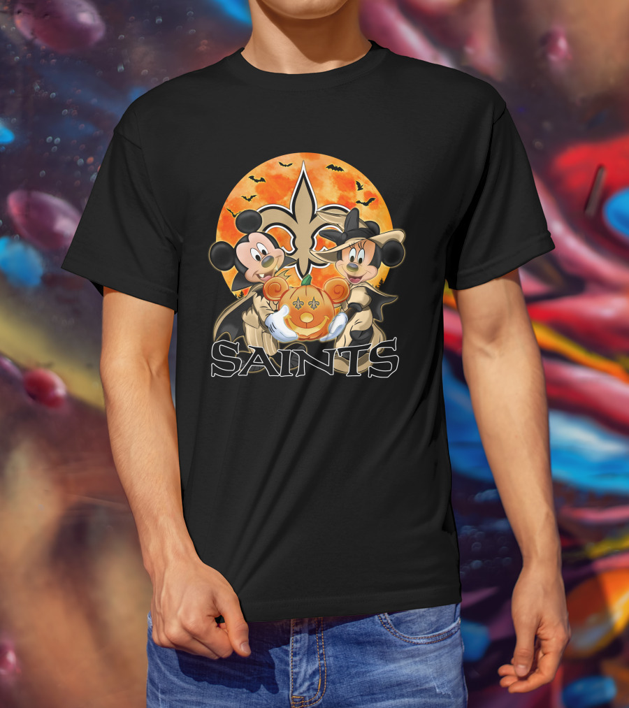 New Orleans Saints Mickey And Minnie Halloween Pumpkin Fleur-de-Lis T-Shirt