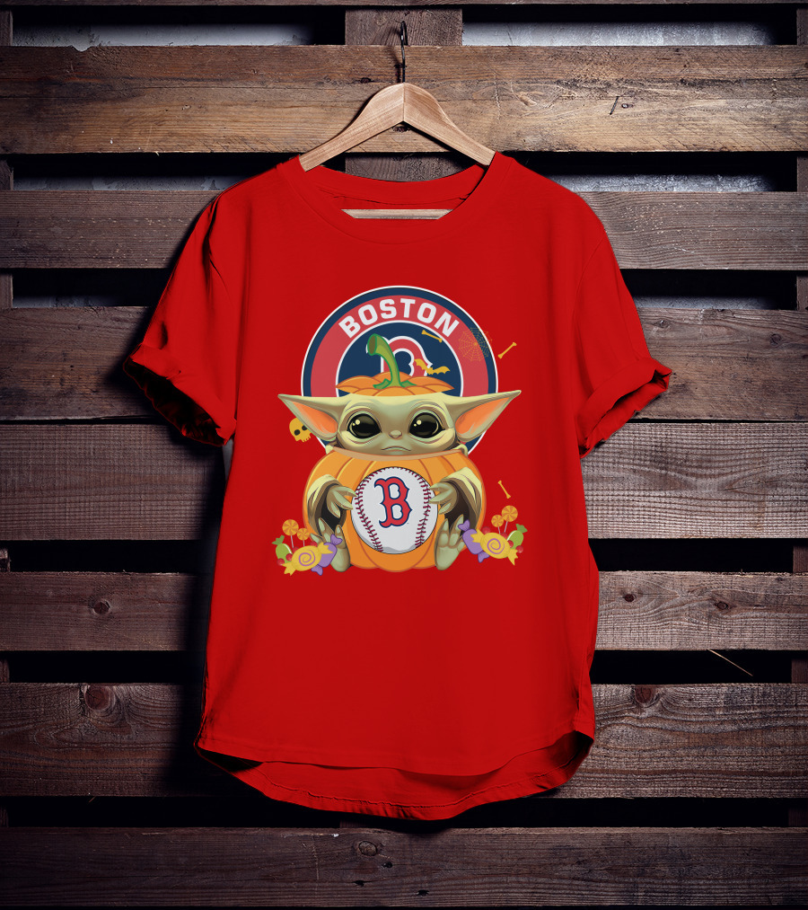 Boston Red Sox Halloween Baby Yoda Pumpkin Hug T-Shirt