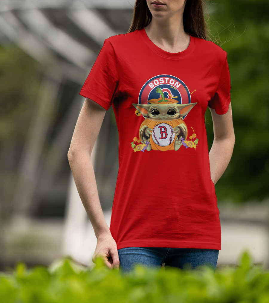 Boston Red Sox Halloween Baby Yoda Pumpkin Hug T-Shirt
