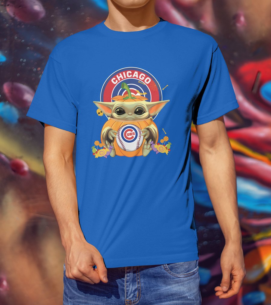Halloween Pumpkin Baby Yoda Chicago Cubs Baseball Theme T-Shirt