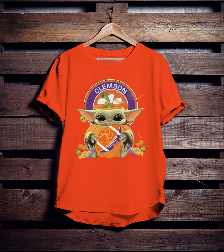 Halloween Pumpkin Baby Yoda Clemson Tigers Football T-Shirt