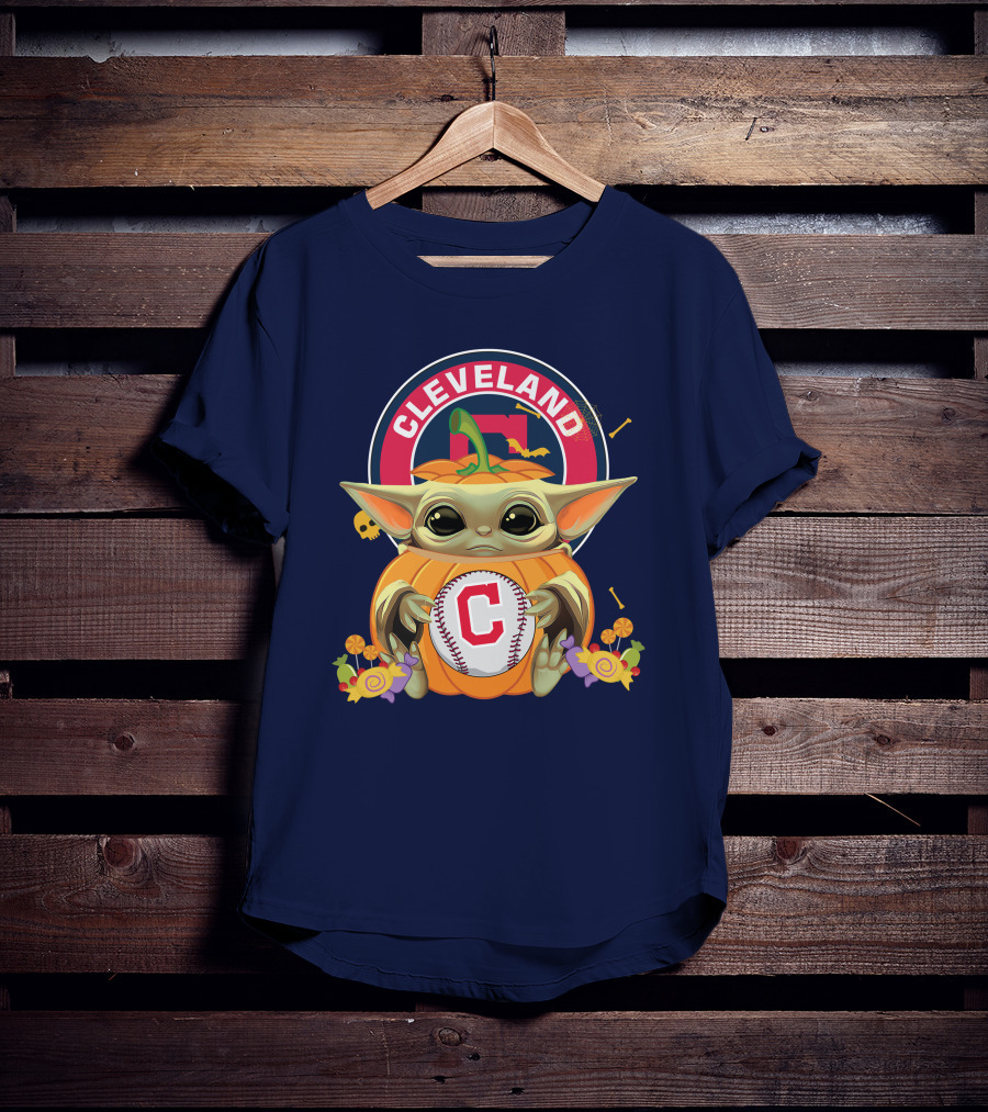 Halloween Pumpkin Baby Yoda Hug Cleveland Baseball Team T-Shirt