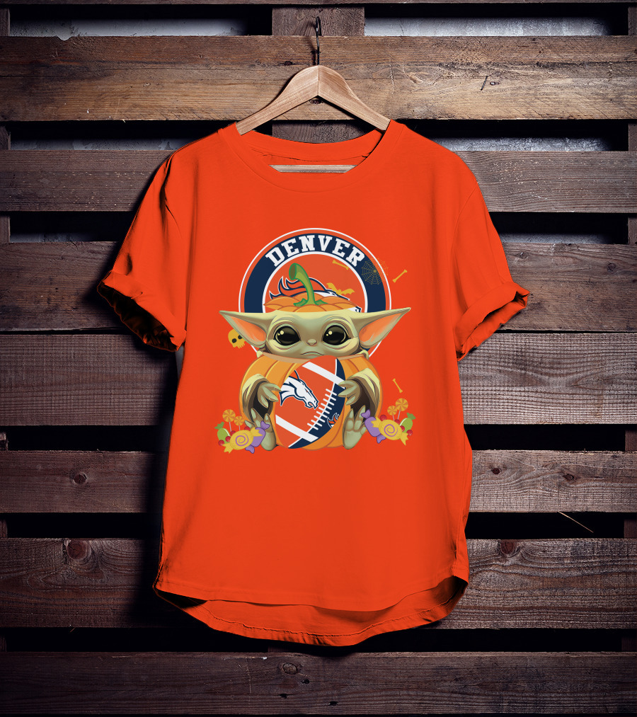 Halloween Pumpkin Baby Yoda Holding Denver Broncos Football Logo With Candy And Skulls T-Shirt