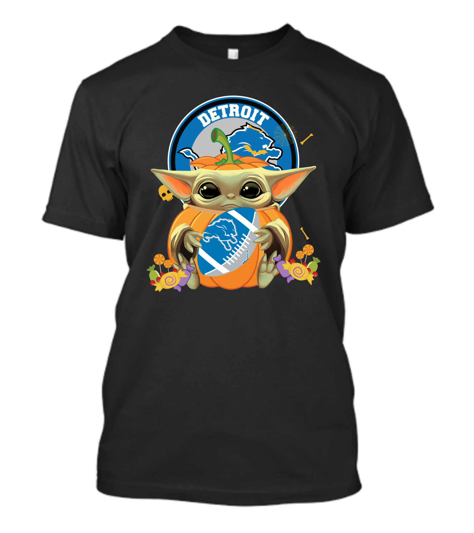 Halloween Pumpkin Baby Yoda Holding Detroit Lions Football With Logo And Candy T-Shirt