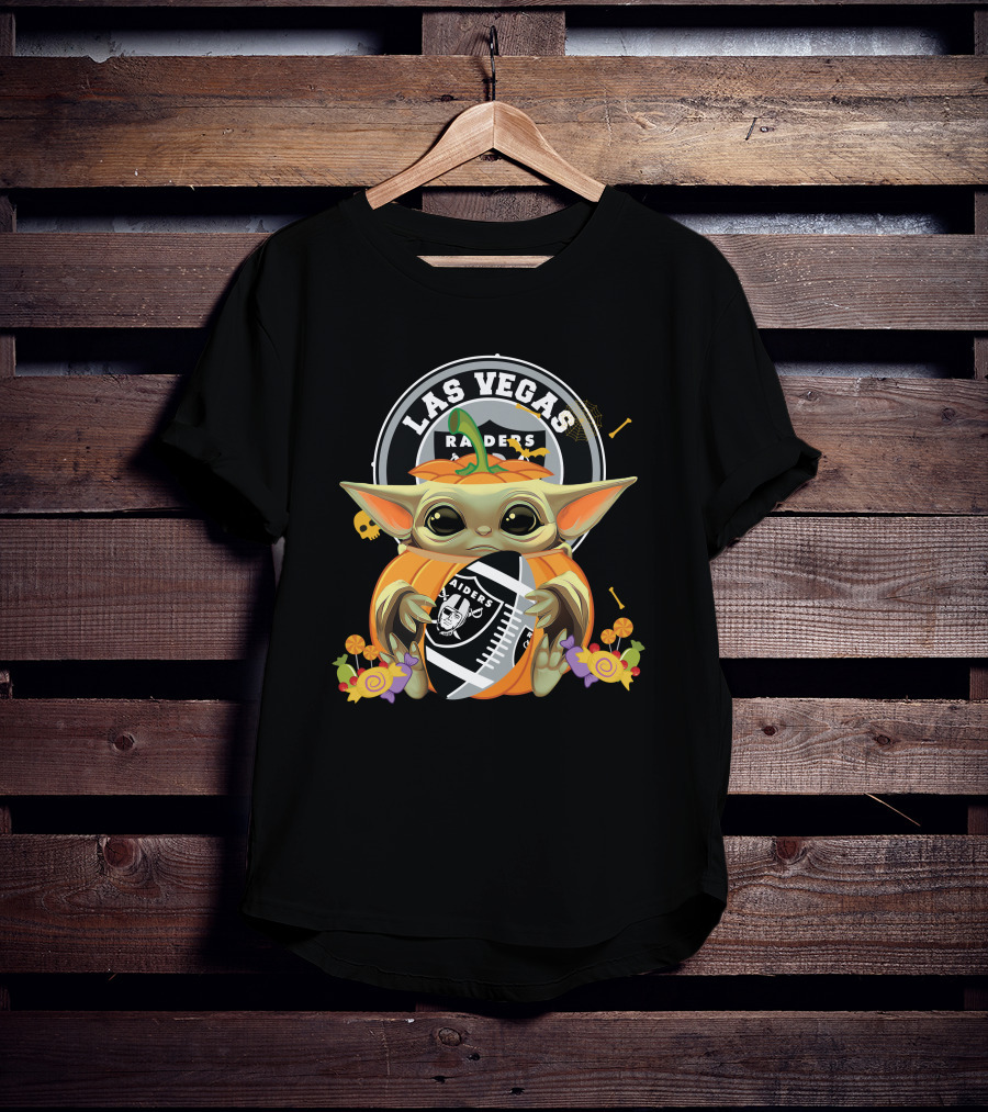 Halloween Pumpkin Baby Yoda Holding Las Vegas Raiders Football T-Shirt