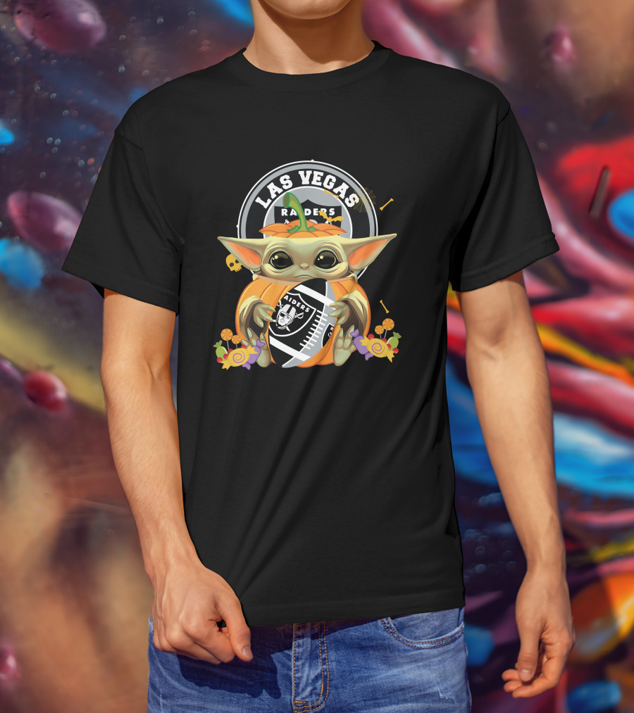 Halloween Pumpkin Baby Yoda Holding Las Vegas Raiders Football T-Shirt